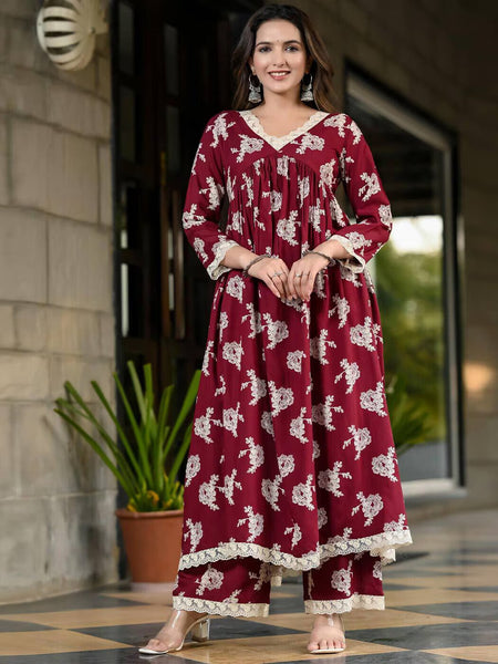 Women Floral Flared Kurta & Palazzo Set
