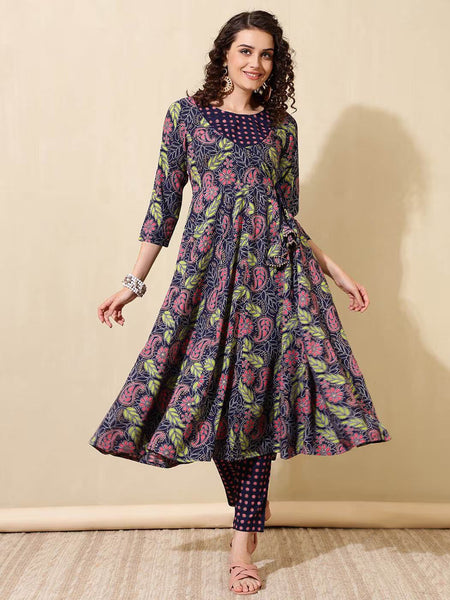 Women Floral Print Angrakha Kurta Set