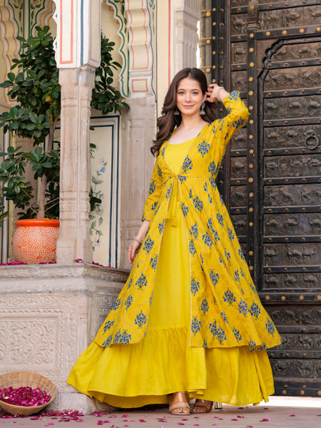 Women Floral Print Long Dress with Shrug Set