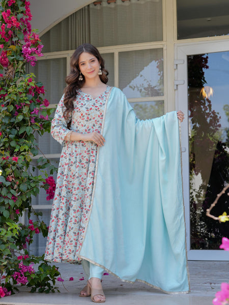 Women's Rayon Flared Kurta & Pants with Dupatta Set