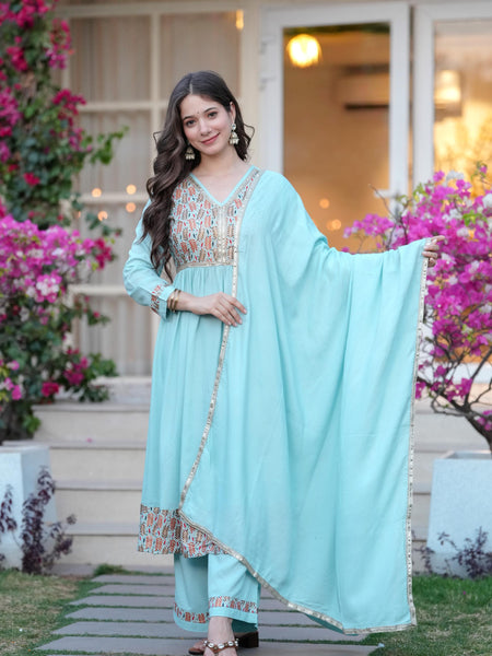 Women's Rayon Flared Kurta & Palazzo with Dupatta Set