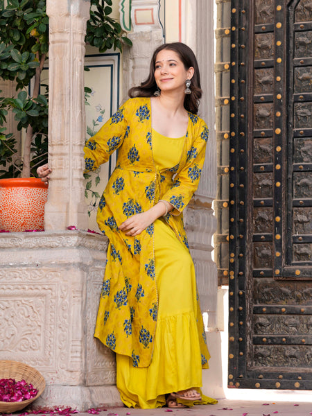 Women Floral Print Long Dress with Shrug Set