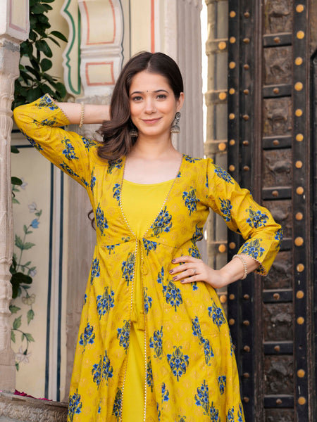 Women Floral Print Long Dress with Shrug Set