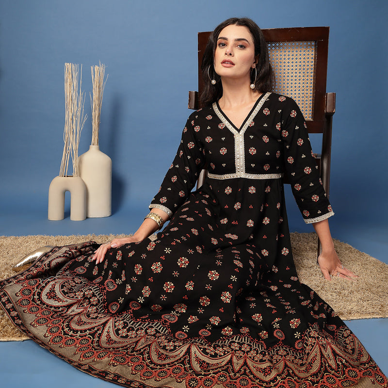 Women Floral Print Liva Anarkali Kurta