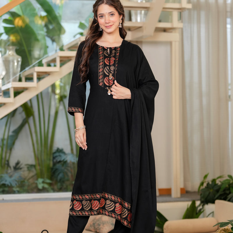 Women's Rayon Flared Kurta & Pants with Dupatta Set