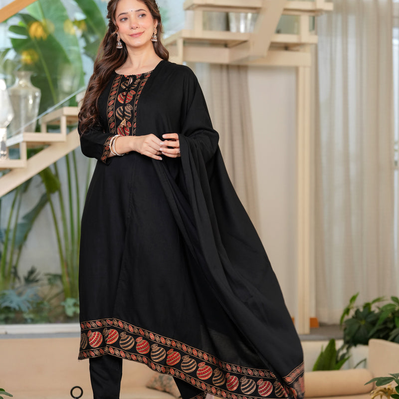 Women's Rayon Flared Kurta & Pants with Dupatta Set