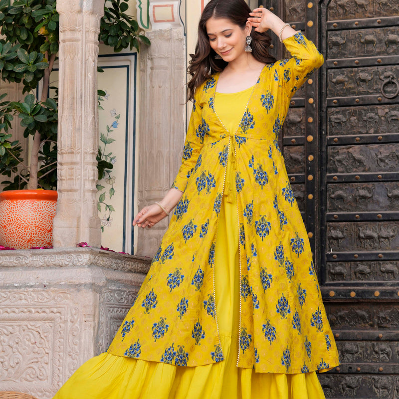 Women Floral Print Long Dress with Shrug Set