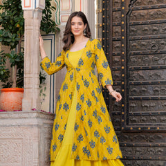 Women Floral Print Long Dress with Shrug Set