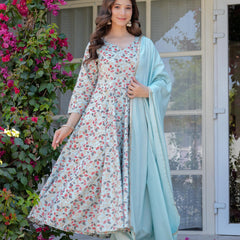 Women's Rayon Flared Kurta & Pants with Dupatta Set