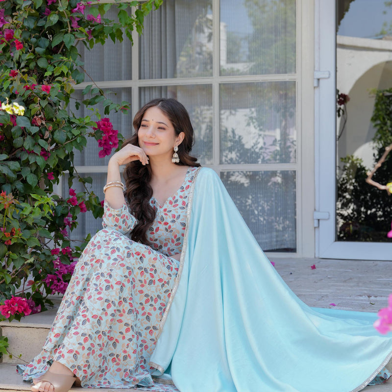 Women's Rayon Flared Kurta & Pants with Dupatta Set