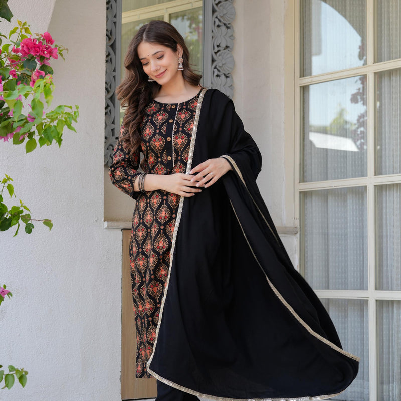 Women's Rayon Flared Kurta & Pants with Dupatta Set