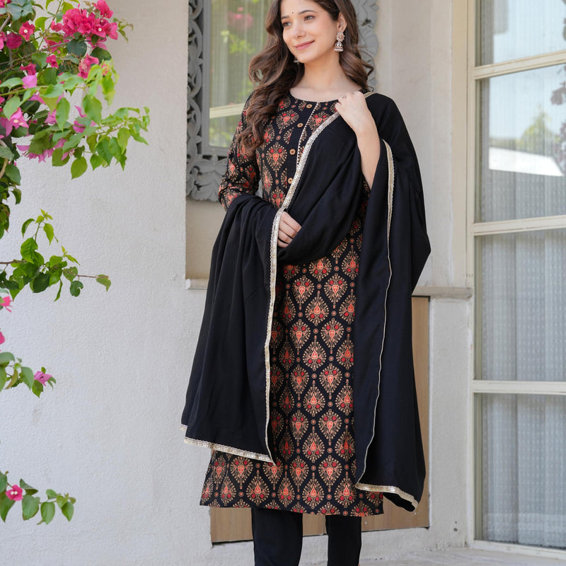 Women's Rayon Flared Kurta & Pants with Dupatta Set