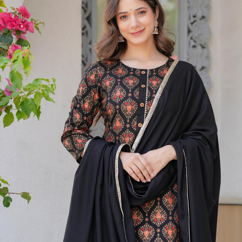 Women's Rayon Flared Kurta & Pants with Dupatta Set