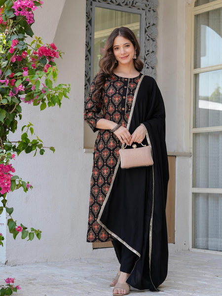 Women's Rayon Flared Kurta & Pants with Dupatta Set