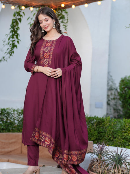 Women's Rayon Flared Kurta & Pants with Dupatta Set