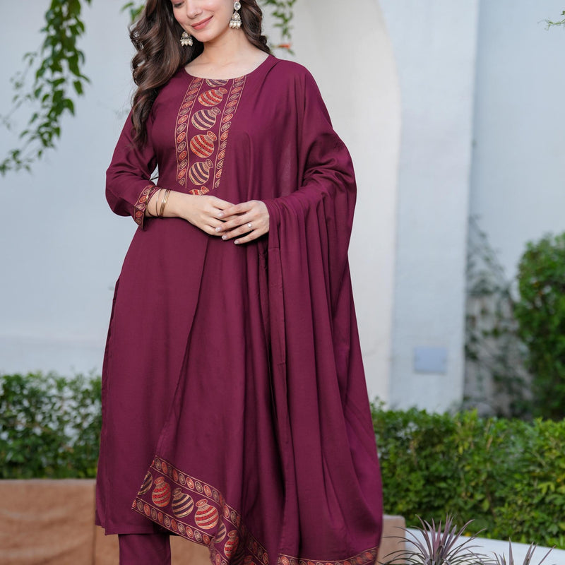 Women's Rayon Flared Kurta & Pants with Dupatta Set