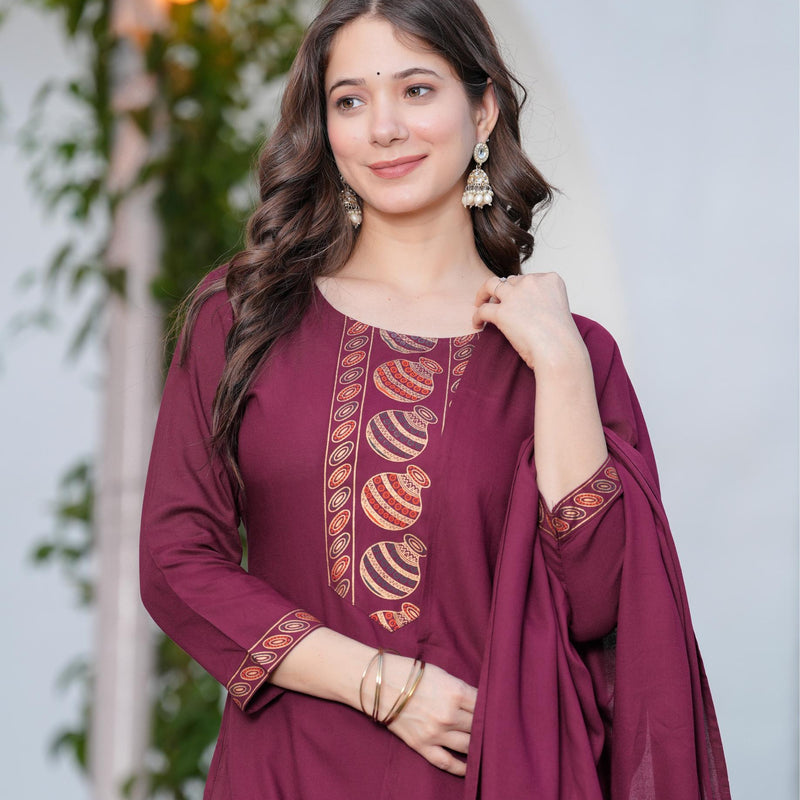 Women's Rayon Flared Kurta & Pants with Dupatta Set