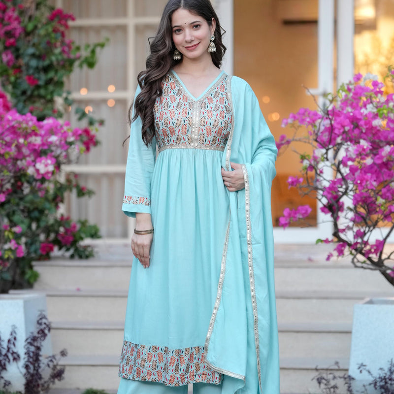 Women's Rayon Flared Kurta & Palazzo with Dupatta Set