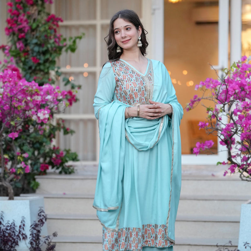 Women's Rayon Flared Kurta & Palazzo with Dupatta Set