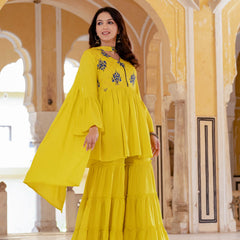 Women's Rayon Kurta with Sharara and Dupatta Set