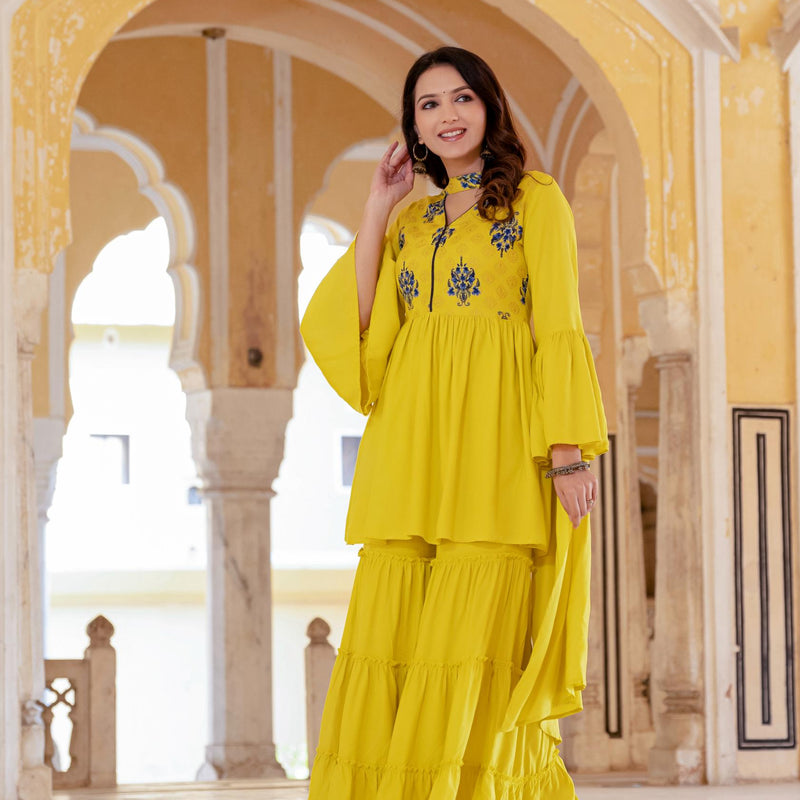 Women's Rayon Kurta with Sharara and Dupatta Set