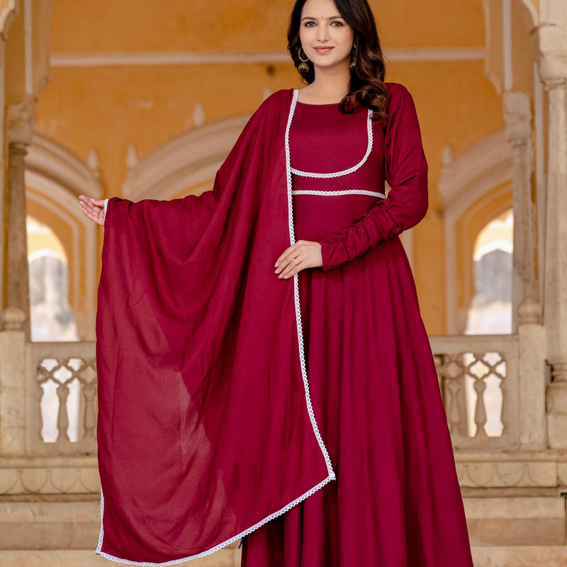 Anarkali Gown & Pant with Georgette Plain Lace Border Dupatta Ethnic Set