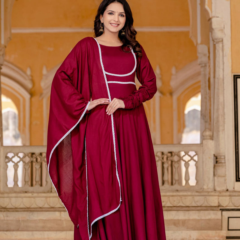 Anarkali Gown & Pant with Georgette Plain Lace Border Dupatta Ethnic Set