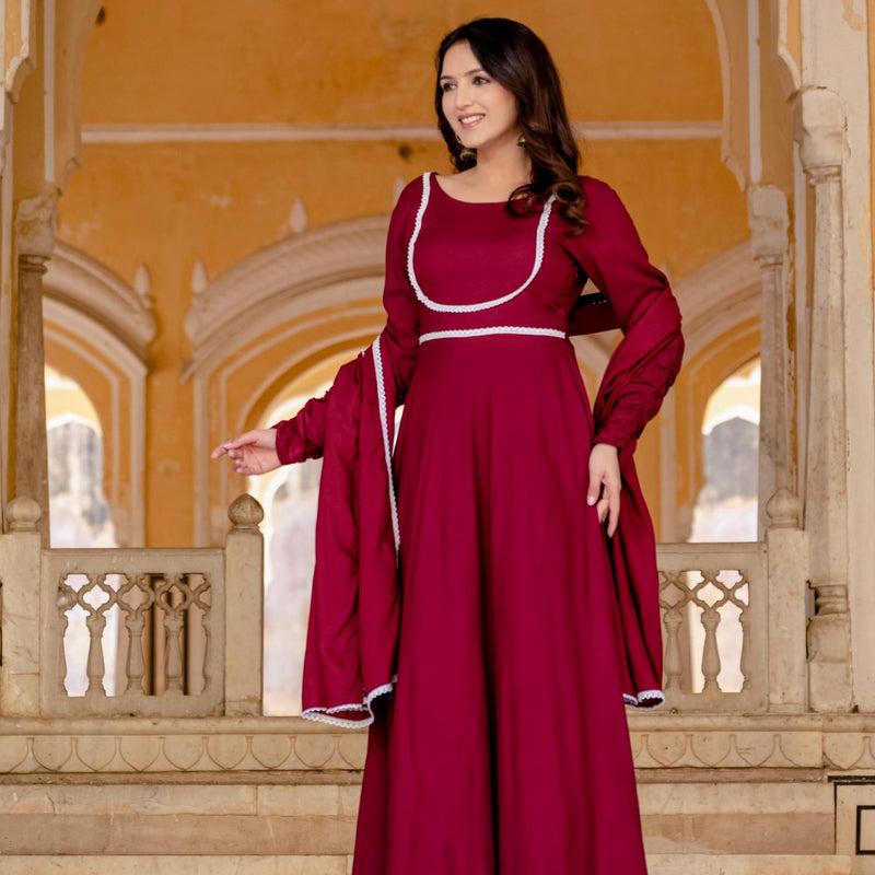 Anarkali Gown & Pant with Georgette Plain Lace Border Dupatta Ethnic Set