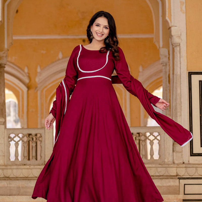 Anarkali Gown & Pant with Georgette Plain Lace Border Dupatta Ethnic Set