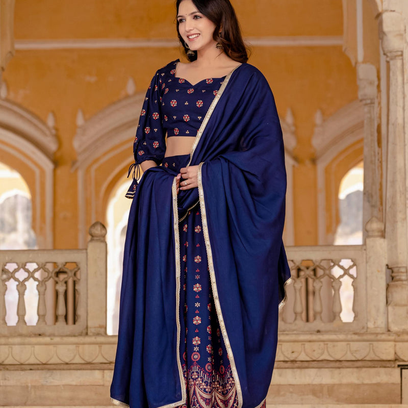 Embroidered Stitched Lehenga & Choli with Dupatta