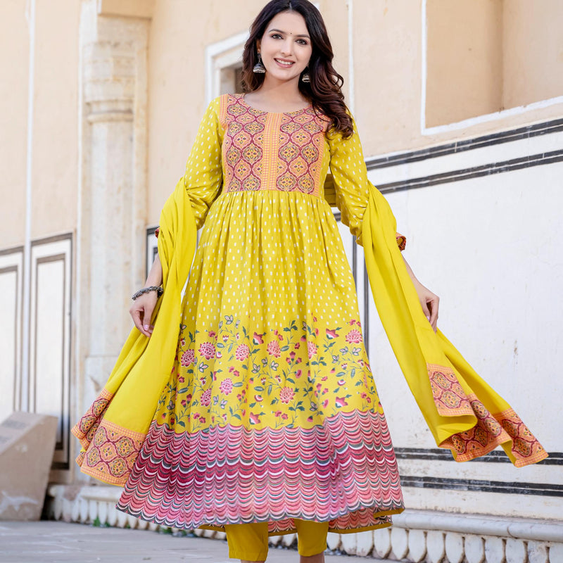 Ethnic Motifs Printed Sequinned Detailed Maxi Ethnic Dress With Dupatta