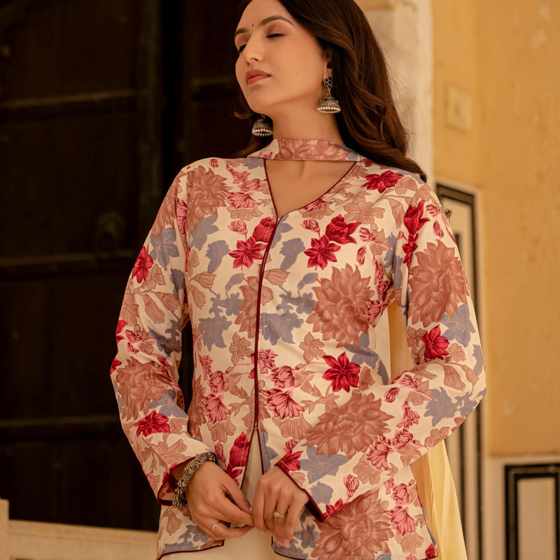 Women Viscose Rayon Ethnic Top Palazzo Dupatta Set